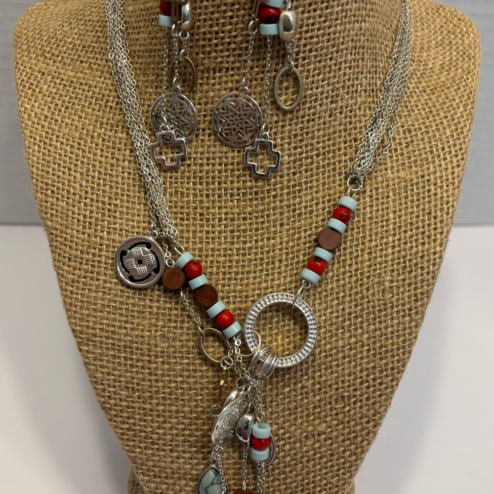 Silver tone southwestern necklace & earring set beads charms crosses casual